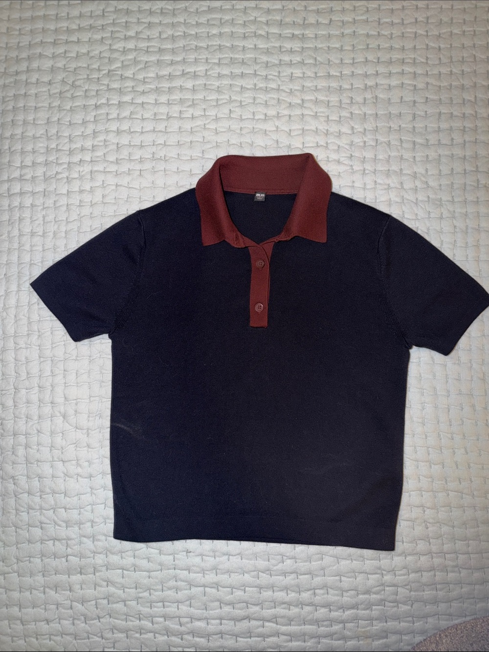 Uniqlo Blue V-Neck Sweater with Maroon Contrast Collar